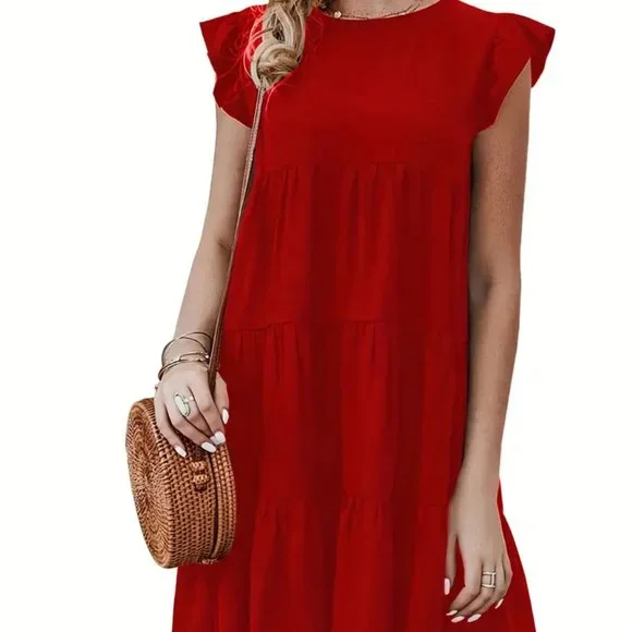 Red Solid Ruffle Trim Dress, Elegant Crew Neck Dress - Picture 4 of 5